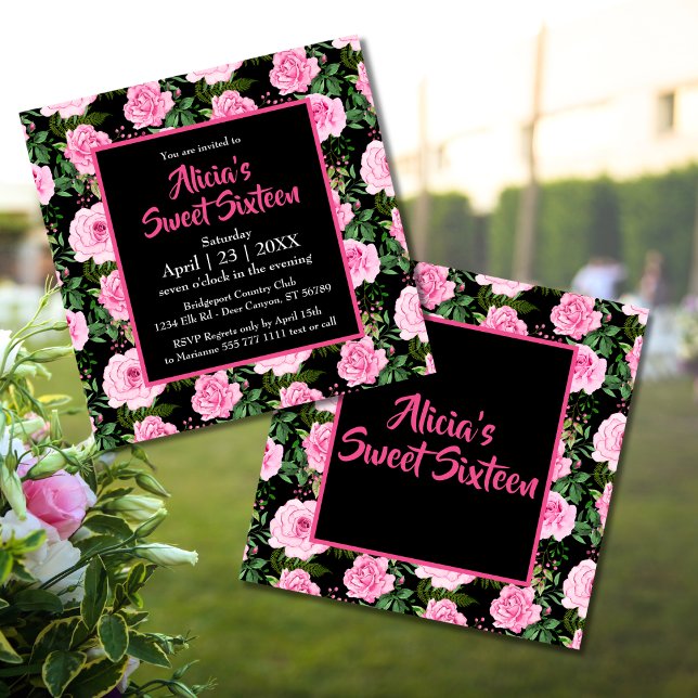 Modern Black Pink Roses Sweet Sixteen Birthday (Creator Uploaded)