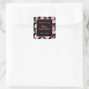 Modern Black Pink Roses Sweet Sixteen Thank You Square Sticker