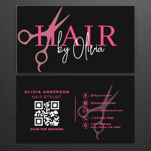 Modern Black Pink Scissors QR Code Hair Stylist  Business Card