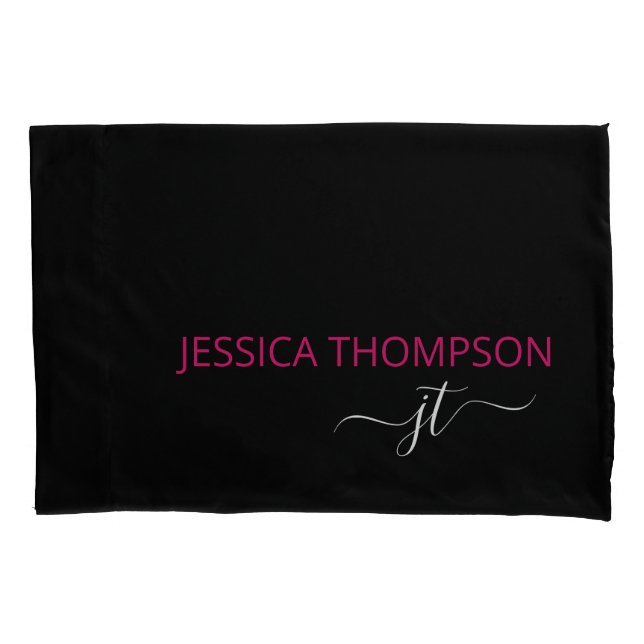 Modern Black Pink Simple Script Monogram Name   Pillowcase (Front)