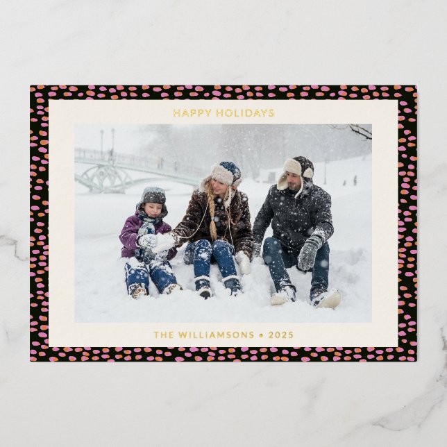 Modern Black Pink Simple Typography Photo Gold Foil Holiday Card (Front)
