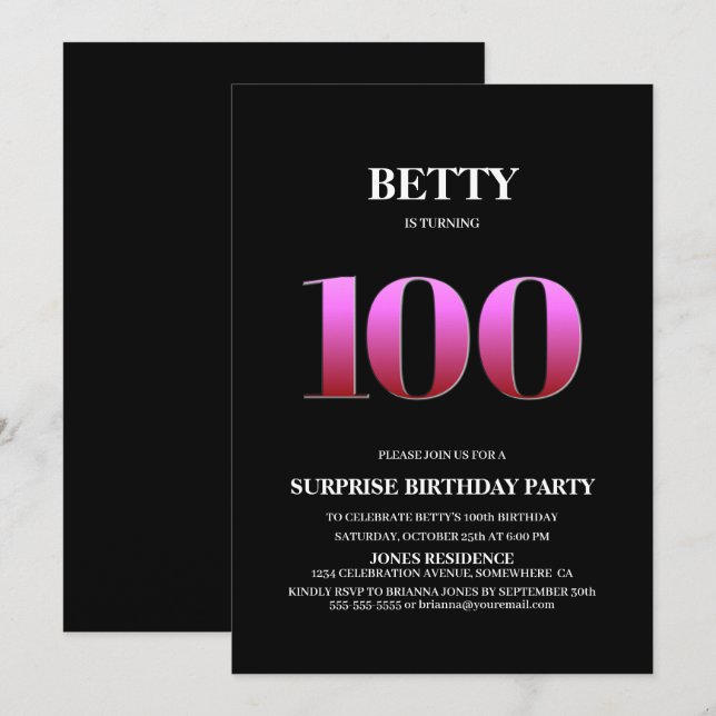 Modern Black Pink Surprise 100th Birthday Invitation (Front/Back)
