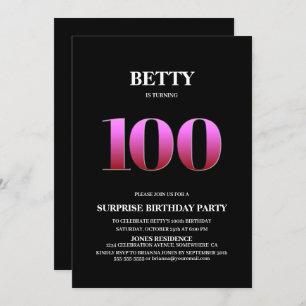 Modern Black Pink Surprise 100th Birthday Invitation