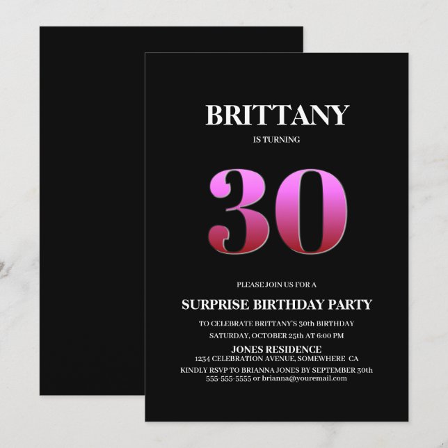 Modern Black Pink Surprise 30th Birthday Invitation (Front/Back)
