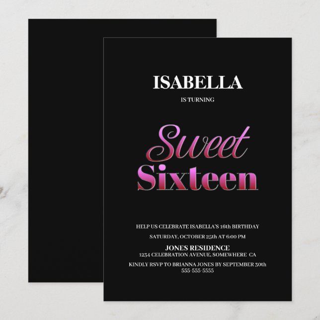 Modern Black Pink Sweet 16 Birthday Invitation (Front/Back)