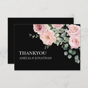 Modern Black & Pink watercolor Floral Wedding  Thank You Card