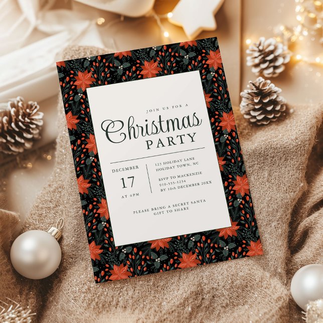 Modern Black Poinsettia Christmas Party Invitation (Poinsettia Season Christmas Party invite black)