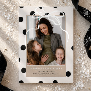 Modern Black Polka Dot Bow Family Photo Christmas Foil Holiday Card