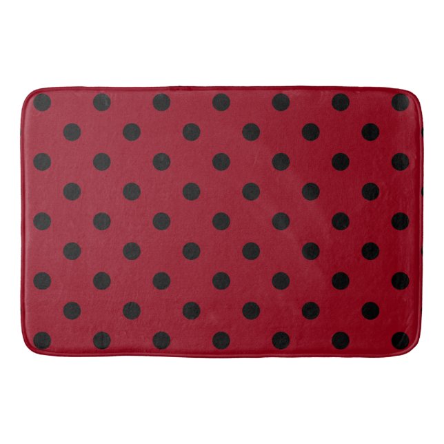 Modern Black Polka Dots on Red Bath Mat (Front)