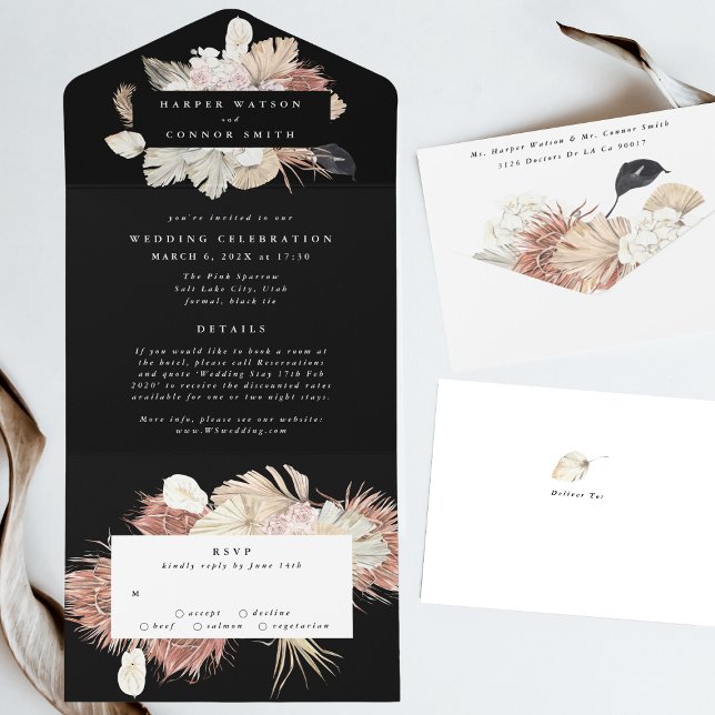 Modern Black Premium Wreath Pampas Floral Wedding All In One Invitation (Creator Uploaded)
