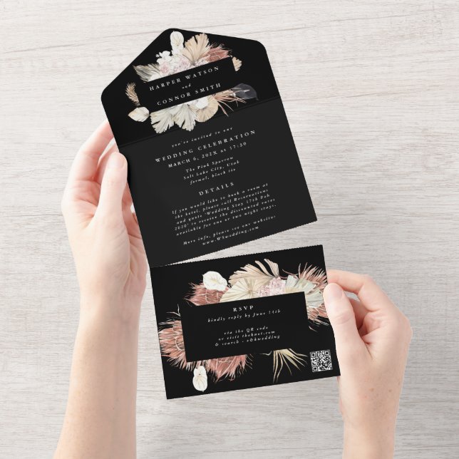 Modern Black Premium Wreath Pampas QR CODE Wedding All In One Invitation (Tearaway)