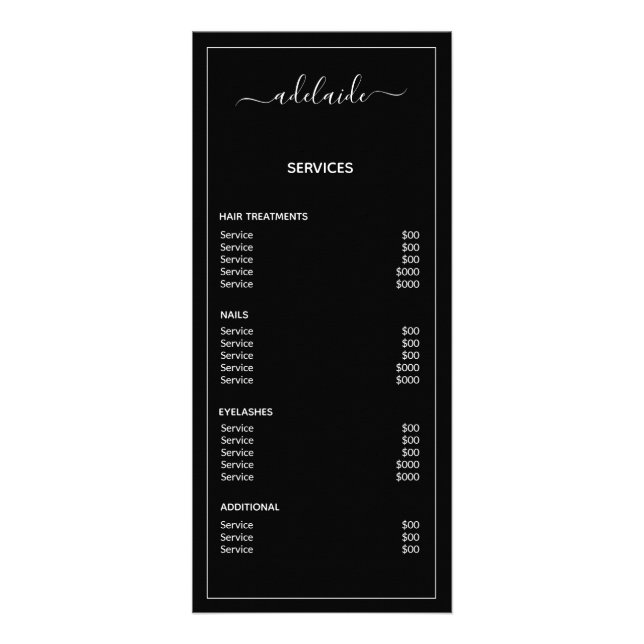 Modern Black Price List Hairstylist Service Menu (Back)