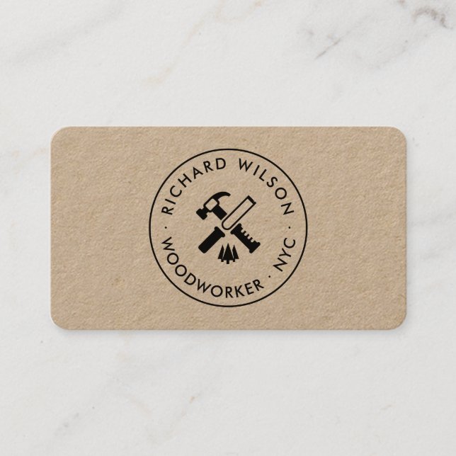 Modern black professional carpenter logo kraft business card (Front)