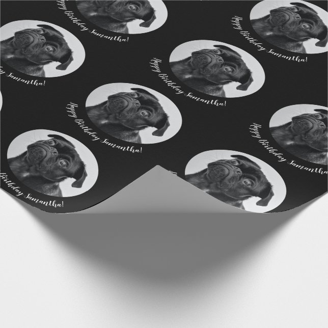 Modern Black Pug Your Dog Image Pet Circle Wrapping Paper (Corner)