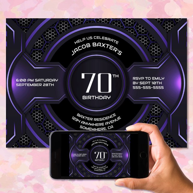 Modern Black Purple 70th Birthday Party Invitation (Creator Uploaded)