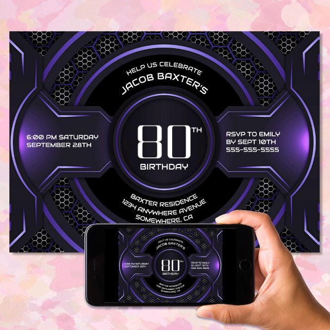 Modern Black Purple 80th Birthday Party Invitation (Creator Uploaded)