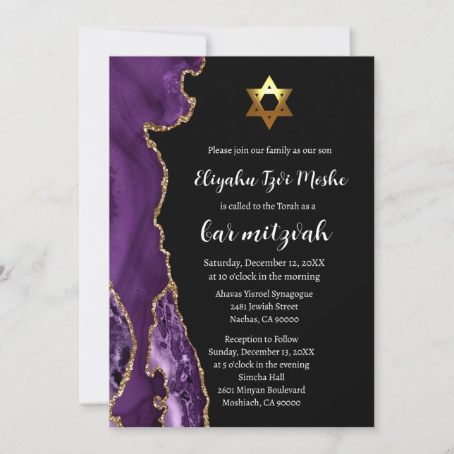 Modern Black Purple and Gold Bar Mitzvah Invitation (Front)