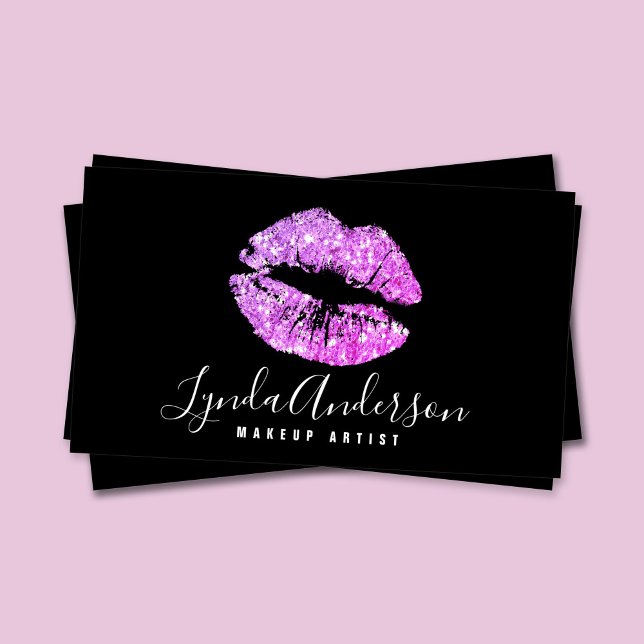 Modern black & purple glitter makeup artist  business card (Creator Uploaded)