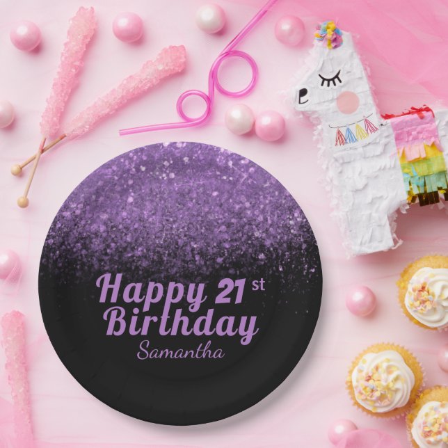 Modern Black & Purple Glitter Sparkle 21 Birthday  Paper Plate (Party)