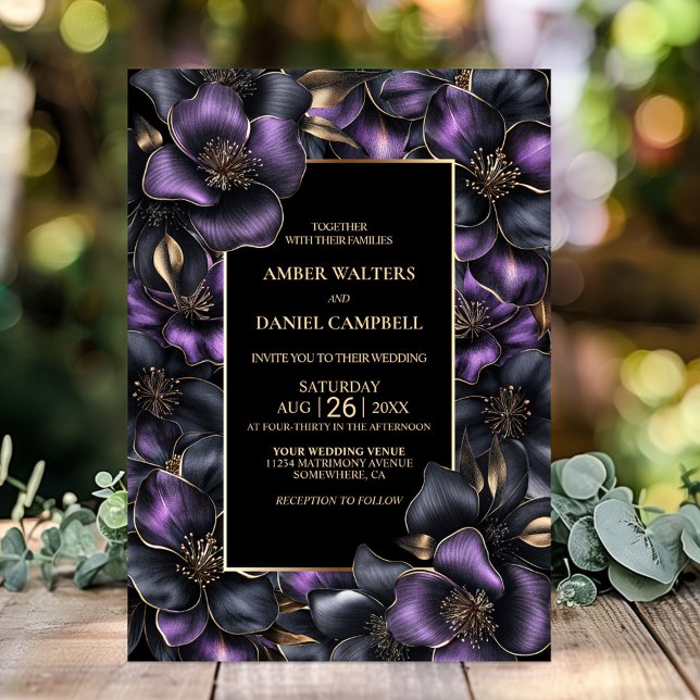 Modern Black Purple Grey Floral Wedding Invitation (Creator Uploaded)