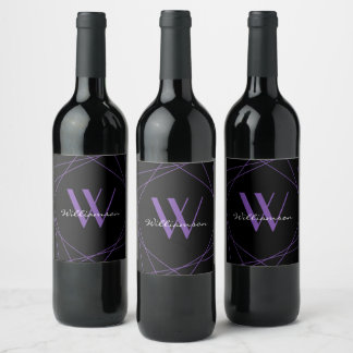 Modern Black Purple Monogram Geometric Name Script Wine Label