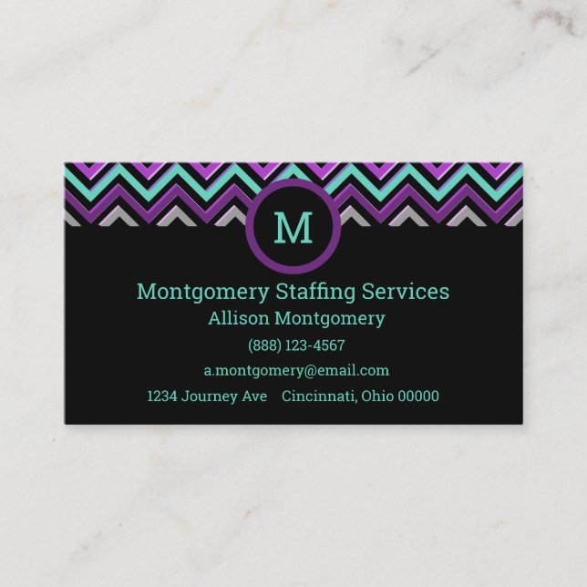 Modern Black, Purple, Pink, Grey, & Teal. Chevron Business Card (Front)