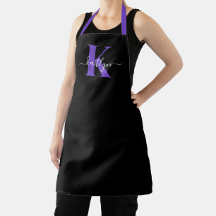 Modern Black Purple Script Monogram Apron