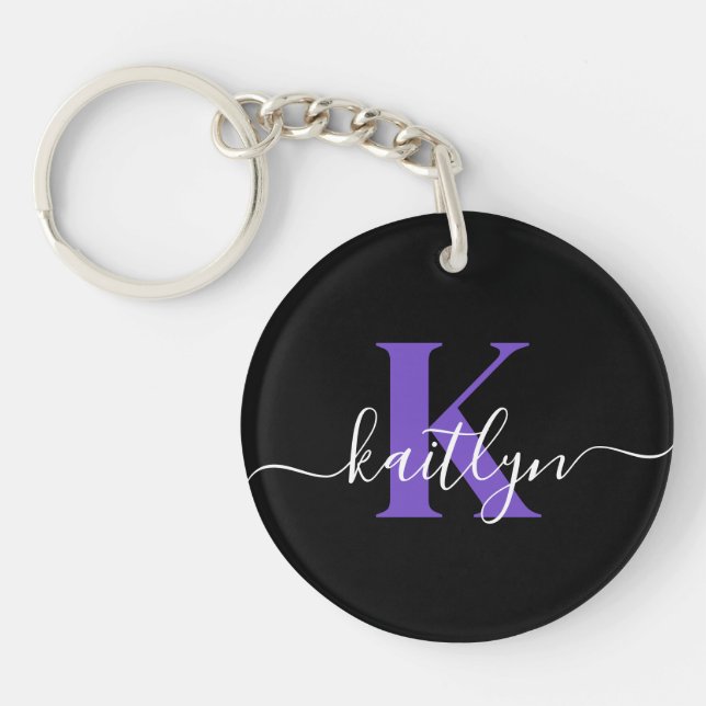 Modern Black Purple Script Monogram Key Ring (Front)