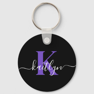 Modern Black Purple Script Monogram Key Ring