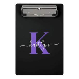 Modern Black Purple Script Monogram Mini Clipboard