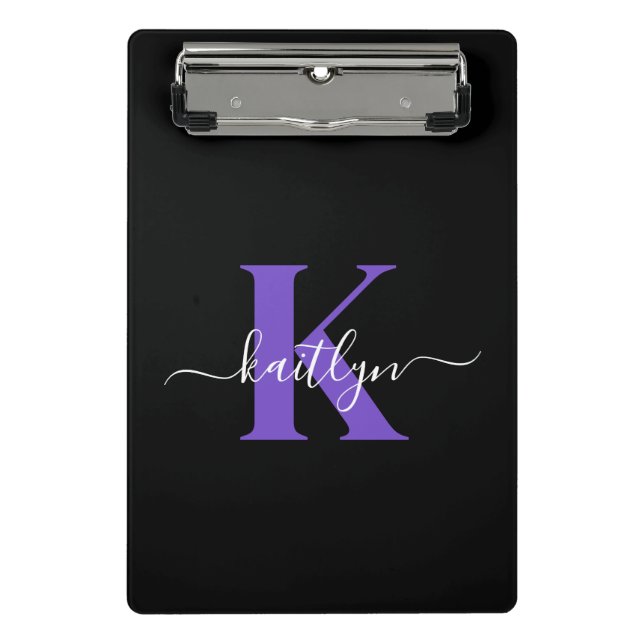 Modern Black Purple Script Monogram Mini Clipboard (Front)