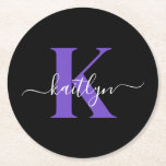 Modern Black Purple Script Monogram Round Paper Coaster<br><div class="desc">These simple, elegant black round paper coasters with your first name in a trendy script font in white typed over your first initial in a modern cap font in purple are perfect for keeping your tables and counters free from water rings. They absorb droplets so you don't have to worry...</div>
