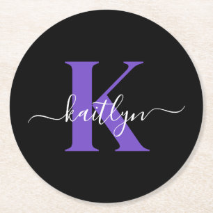 Modern Black Purple Script Monogram Round Paper Coaster