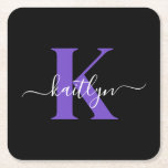 Modern Black Purple Script Monogram Square Paper Coaster<br><div class="desc">These simple, elegant black square paper coasters with your first name in a trendy script font in white typed over your first initial in a modern cap font in purple are perfect for keeping your tables and counters free from water rings. They absorb droplets so you don't have to worry...</div>