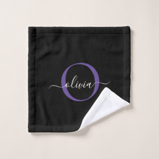 Modern Black Purple Violet Monogram Script Name Bath Towel Set