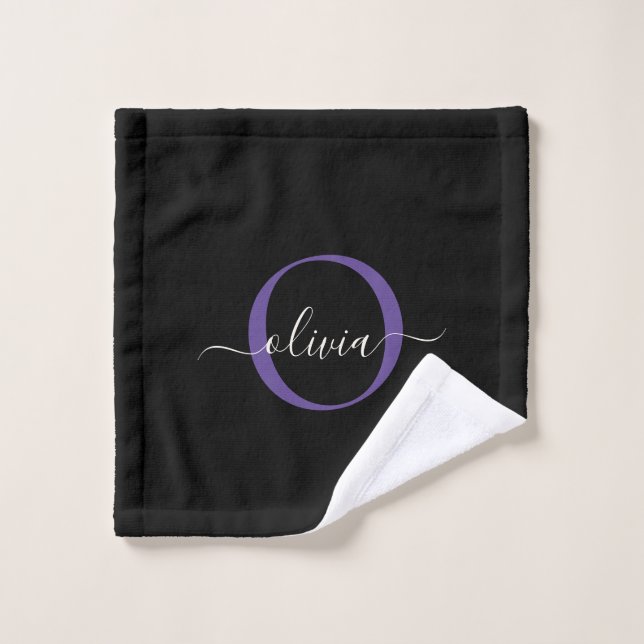 Modern Black Purple Violet Monogram Script Name Bath Towel Set (Wash Cloth)