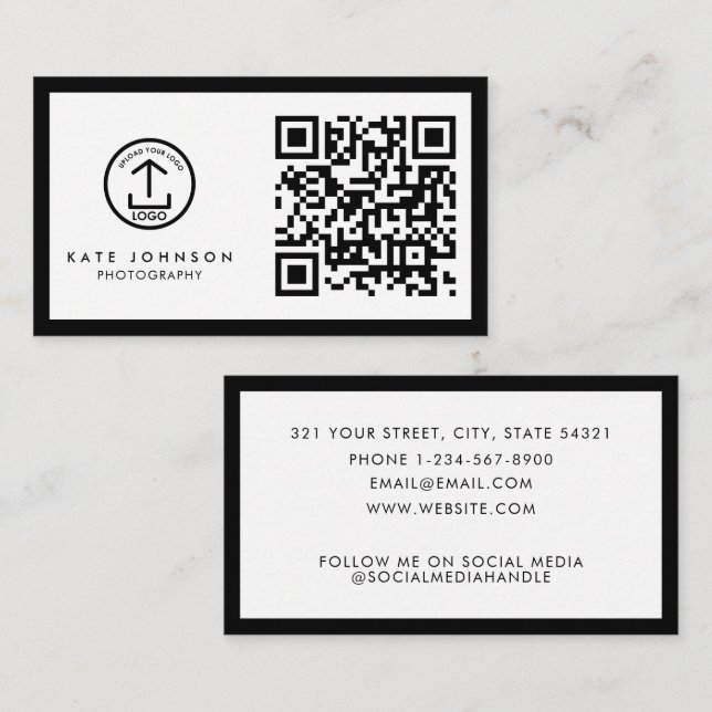 Modern Black QR Code Business Logo Professional Card (Front/Back)