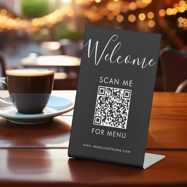 Modern Black QR Code Menu Welcome Scan Me Pedestal Sign (Creator Uploaded)