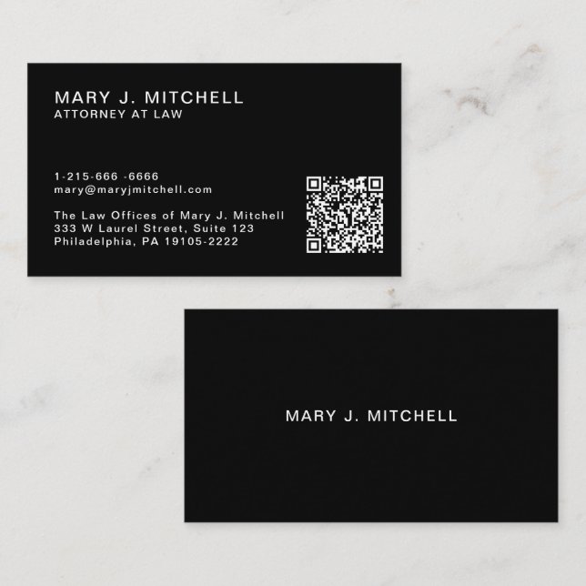 Modern Black QR Code | Minimalist Professional Business Card (Front/Back)