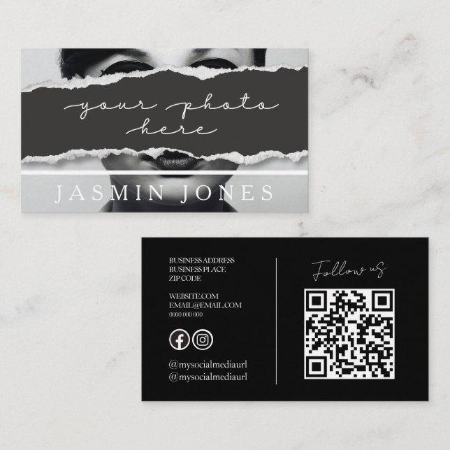 Modern Black QR Code Photo Business Card (Front/Back)