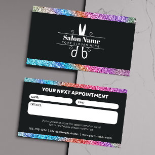Modern Black & Rainbow Glitter Salon Booking Appointment Card