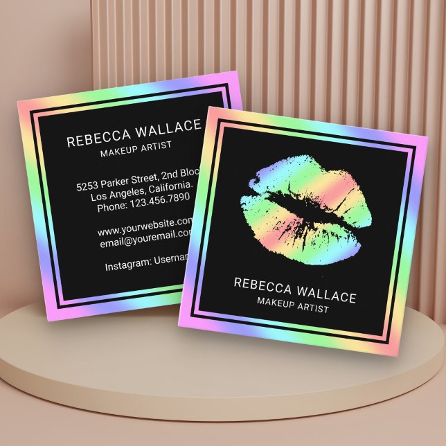 Modern Black Rainbow Lips Makeup Artist Square Business Card (Creator Uploaded)