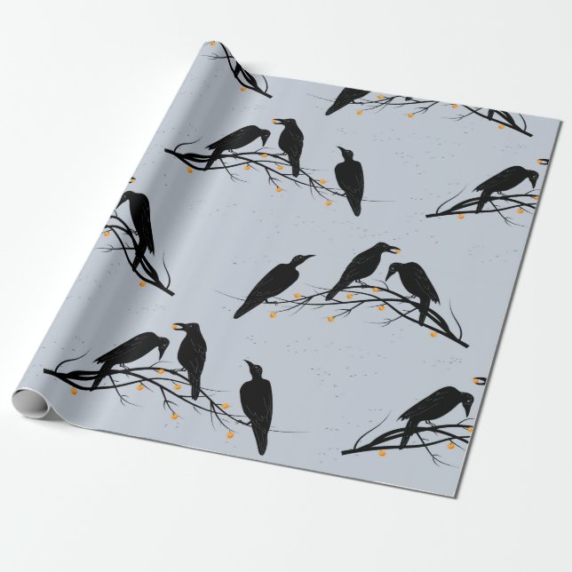 Modern Black Ravens Minimalist Pattern Wrapping Paper (Unrolled)