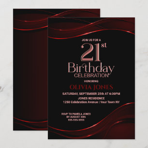 Modern Black Red 21st Birthday Party Invitation