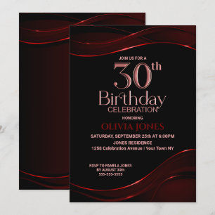 Modern Black Red 30th Birthday Party Invitation