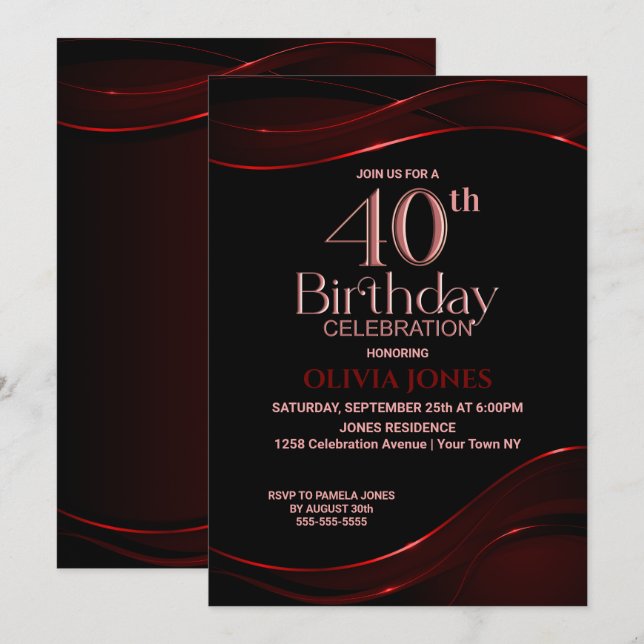 Modern Black Red 40th Birthday Party Invitation (Front/Back)
