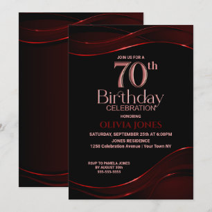 Modern Black Red 70th Birthday Party Invitation