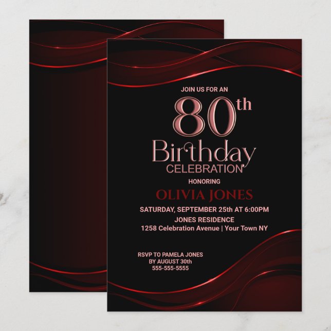 Modern Black Red 80th Birthday Party Invitation (Front/Back)