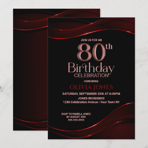 Modern Black Red 80th Birthday Party Invitation