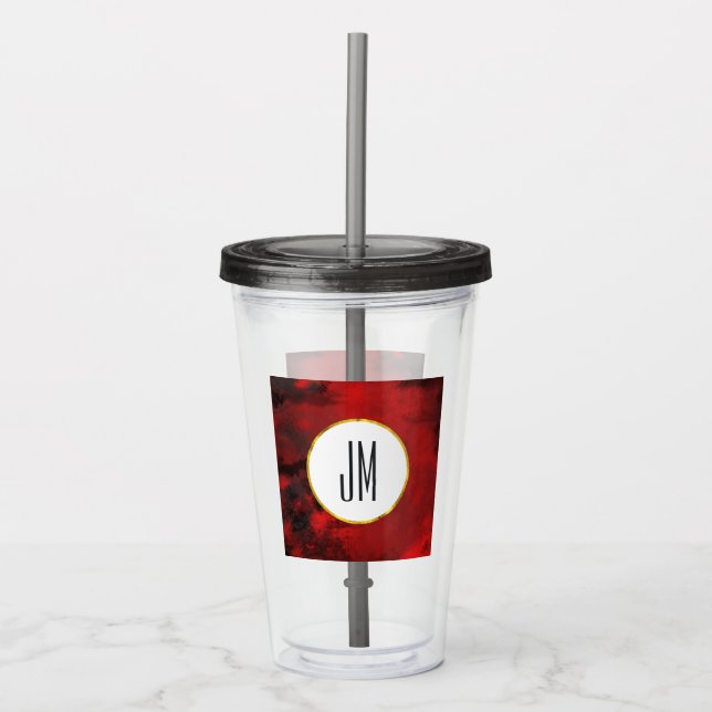 Modern Black & Red Abstract Monogram Acrylic Tumbler (Front)